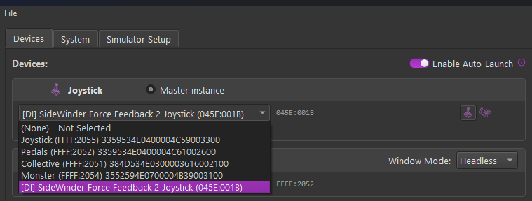 DirectInput devices in the TelemFFB device selector
