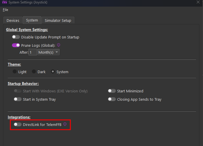 The DirectLink toggle in TelemFFB system settings